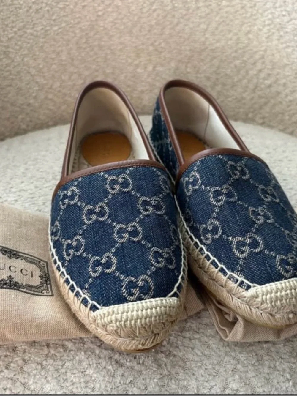 Gucci Denim Monogram Espadrille Flats with Brown Trim
